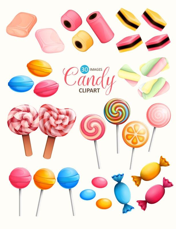 Collection of colorful candy clipart including lollipops, gummies, and wrapped sweets in vibrant pastel and bold tones.
