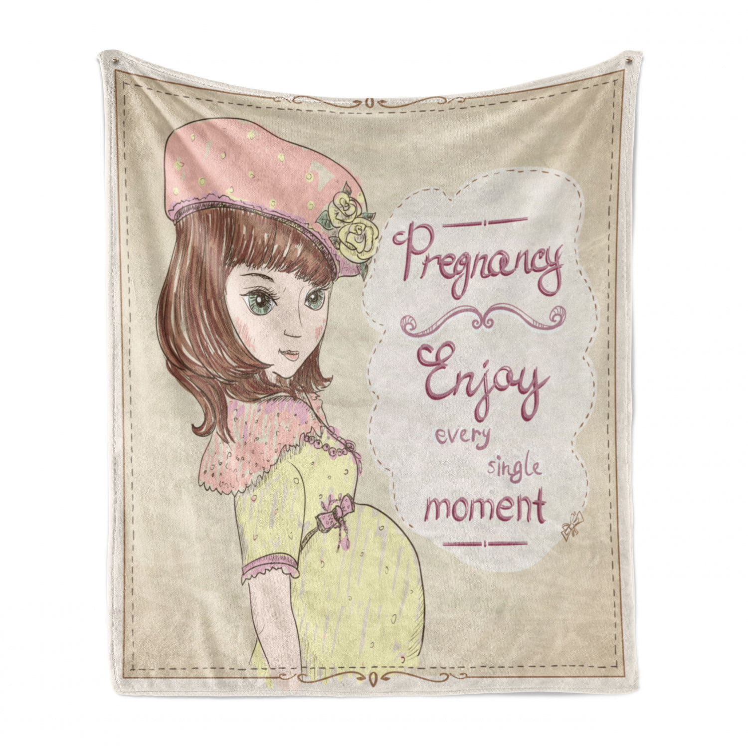 Vintage-style illustration of a pregnant woman in pink beret and yellow dress, with text "Pregnancy: Enjoy every single moment".