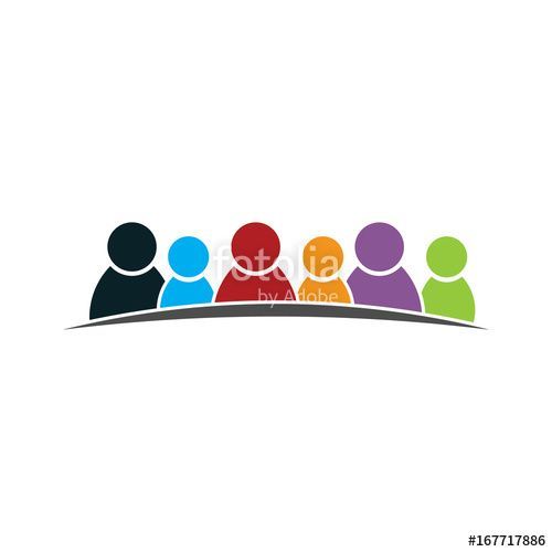 Six colorful stylized human figures standing together on a curved base, symbolizing teamwork and diversity.