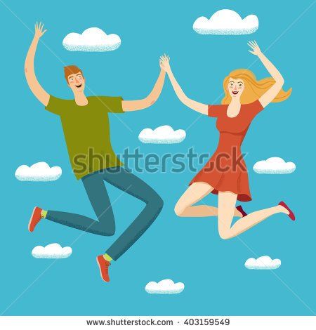 Happy couple jumping joyfully in the sky with clouds, holding hands and smiling.