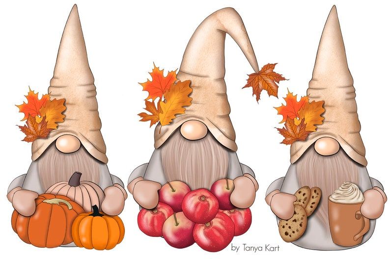 Three autumn-themed gnomes holding pumpkins, apples, and cookies with hot cocoa, adorned with fall leaves.