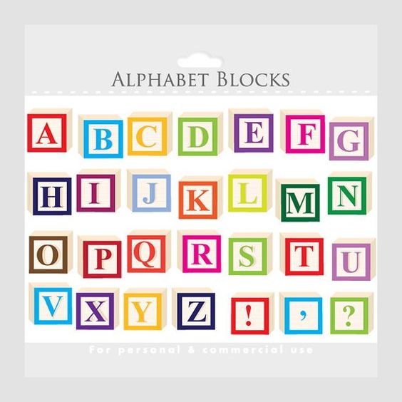 Colorful wooden alphabet blocks A-Z plus punctuation, arranged in rows on a white background with "Alphabet Blocks" header.
