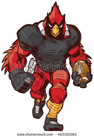 Muscular red cardinal mascot in football gear running with a ball and helmet.
