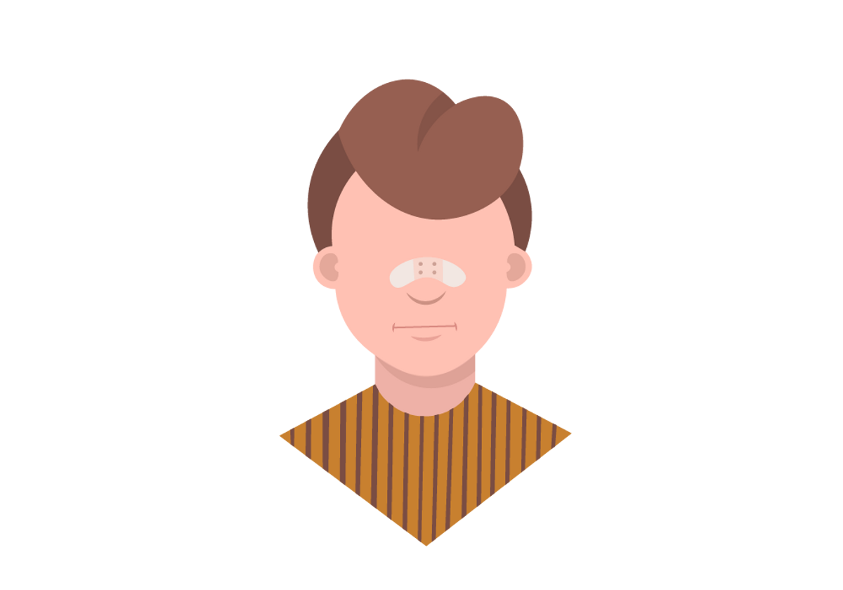 Cartoon illustration of a person with brown hair, striped shirt, and a bandage over the nose.
