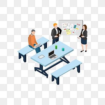 Three professionals collaborating around a table with laptops and a whiteboard in an isometric office setting.