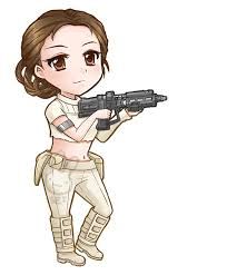 Chibi-style female warrior in beige tactical gear aiming a blaster rifle.