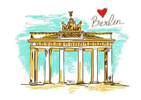 Hand-drawn illustration of Berlin’s Brandenburg Gate with golden columns, Quadriga statue, and a red heart above “Berlin” text.
