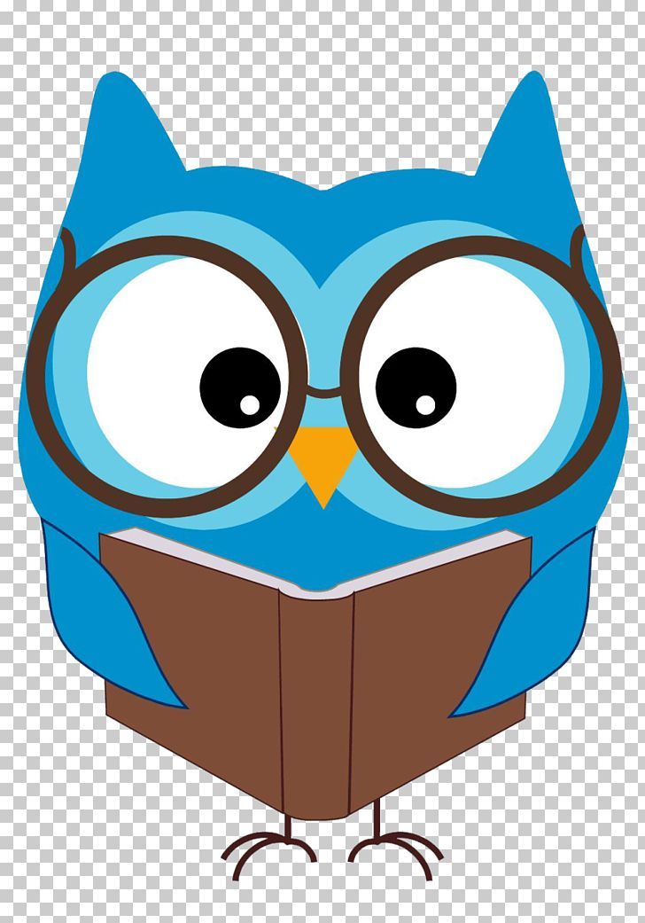 Blue cartoon owl wearing glasses and reading a brown book.
