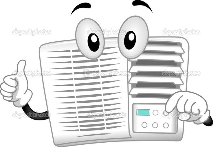 Friendly cartoon air conditioner mascot giving thumbs-up and pointing to control panel.