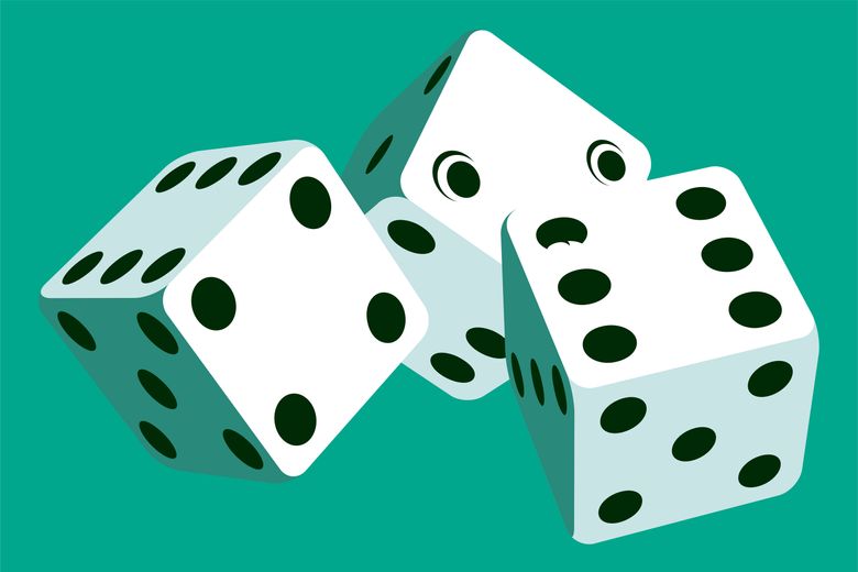 Three white dice with black pips scattered on a teal background, showing varied faces including 6, 5, and 4.