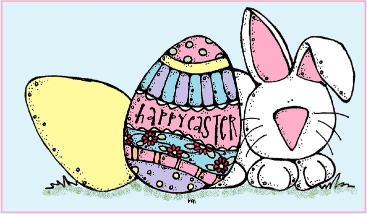 Cute cartoon Easter bunny beside a colorful decorated egg with "Happy Easter" text and a yellow eggshell.