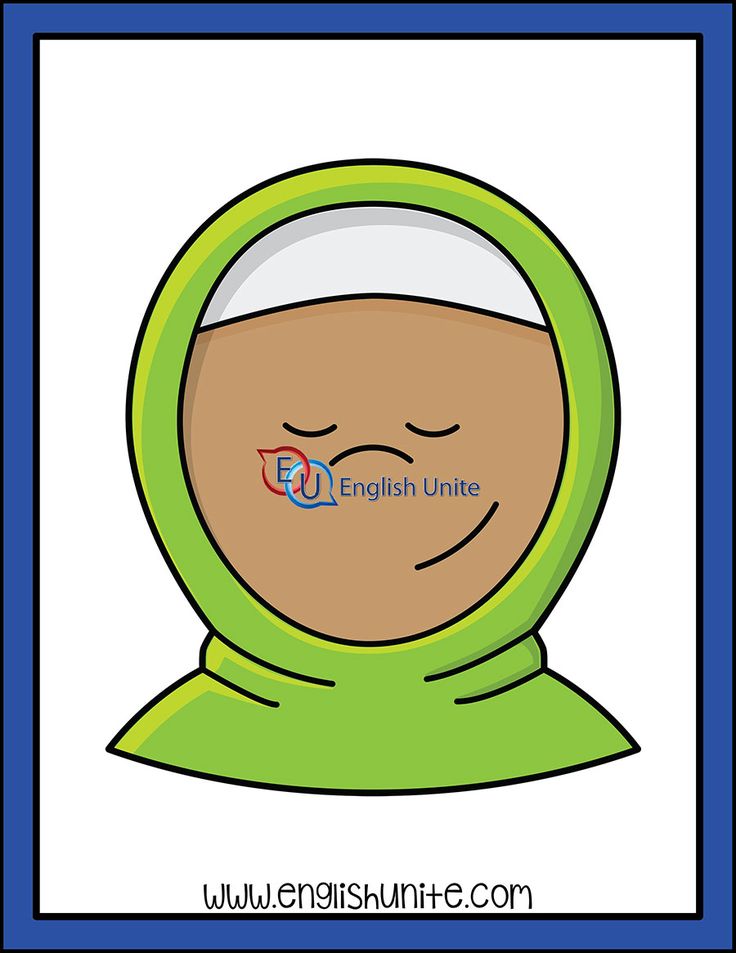 A smiling cartoon girl wearing a green hijab and white undercap, eyes closed in peaceful expression.