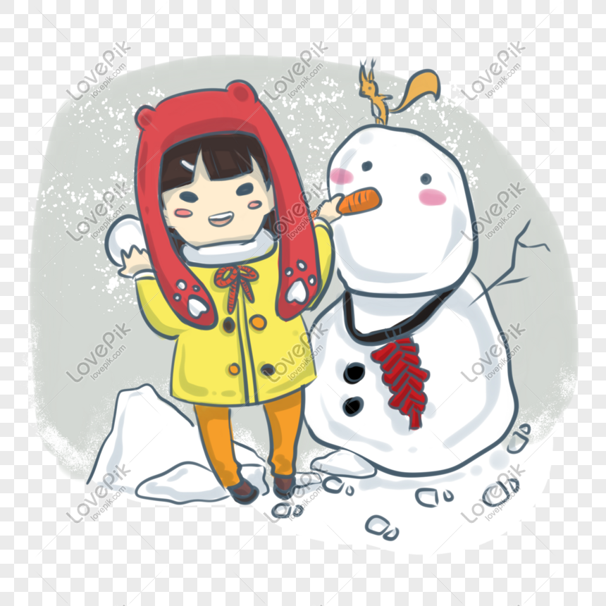 A cheerful child in a red bear-hooded coat and yellow jacket stands beside a smiling snowman with a carrot nose and red scarf, while a squirrel perches on top.