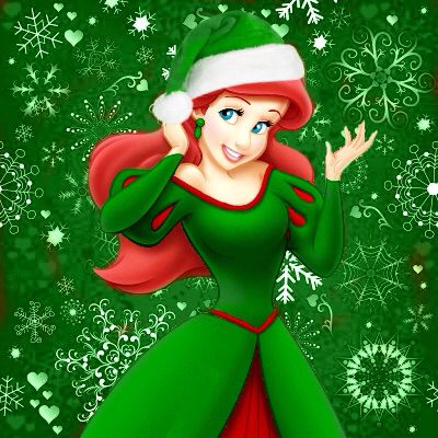 Ariel in festive green dress and Santa hat, smiling against snowy holiday background.
