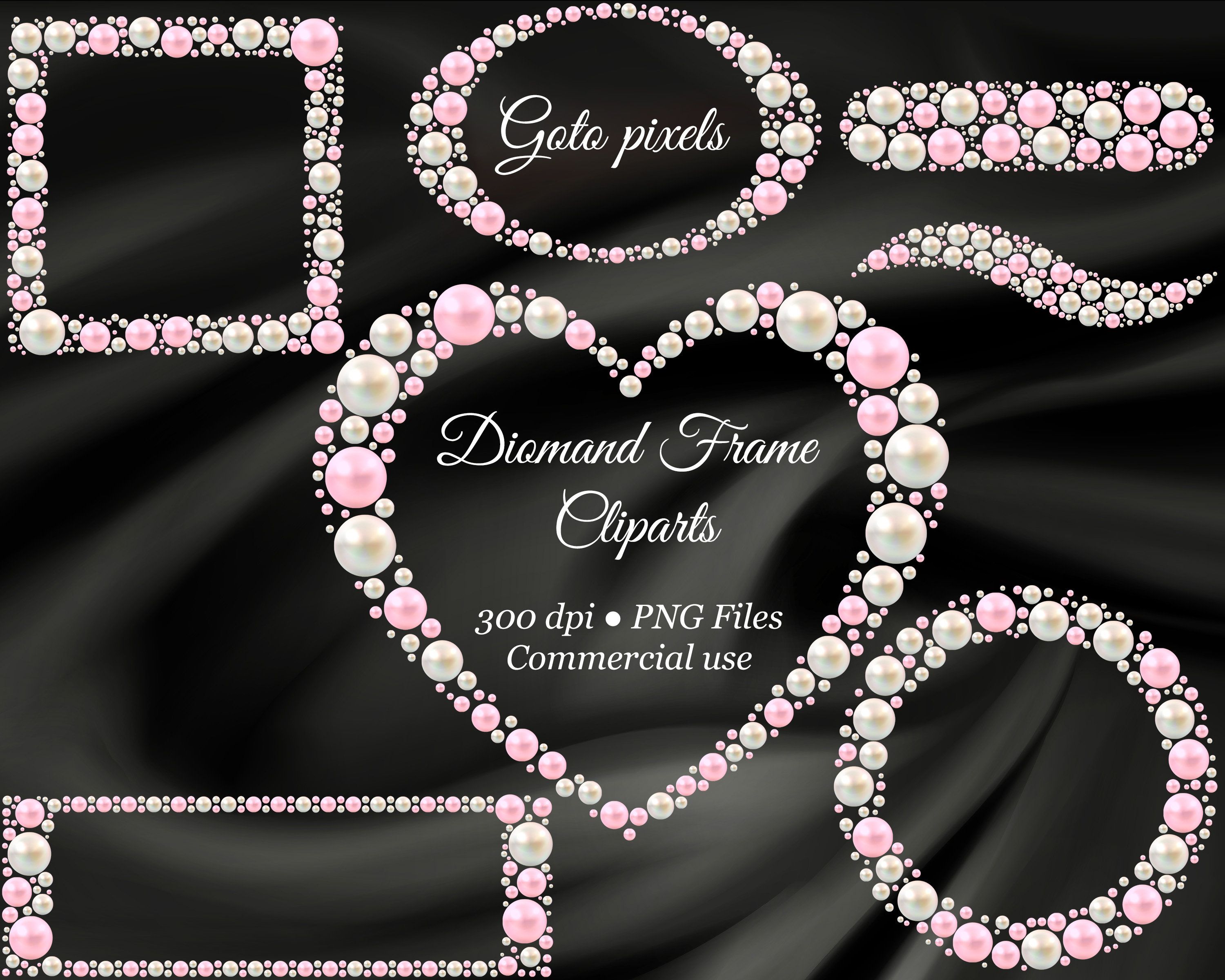 Pearl and pink bead decorative frames clipart set on black satin background, for commercial use.