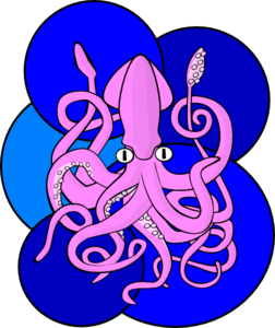 Playful pink cartoon squid with expressive eyes and swirling tentacles against layered blue circles.