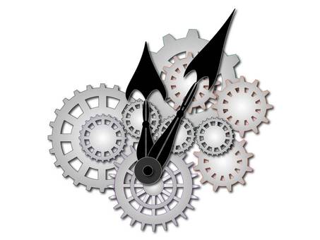 Stylized mechanical clock with interlocking silver gears and bold black hands showing approximately 12:05.