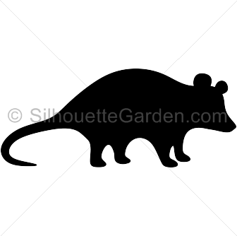 White silhouette of an opossum in side profile against black background.