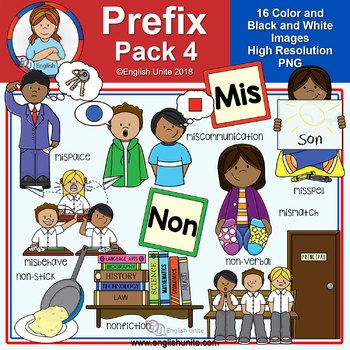 Educational illustration of prefix pack 4 featuring "Mis" and "Non" with diverse students and examples like miscommunication, non-verbal.