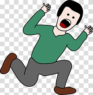 Man in green shirt and gray pants running with arms raised, mouth open in panic or excitement, cartoon style.
