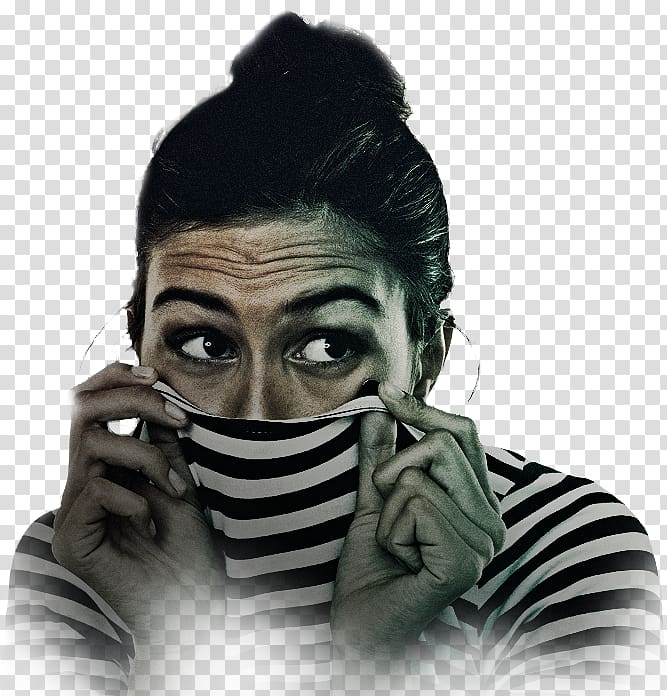 Woman in striped shirt pulling fabric over mouth, eyes wide with fear or secrecy, dramatic lighting.