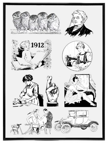 Vintage 1912-themed collage featuring owls, a portrait, sewing, cooking, cycling, and early automobile.