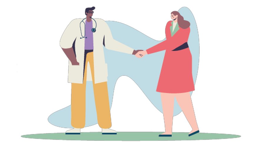 A doctor in a white coat shakes hands with a woman in a red dress, symbolizing patient-doctor partnership and trust.