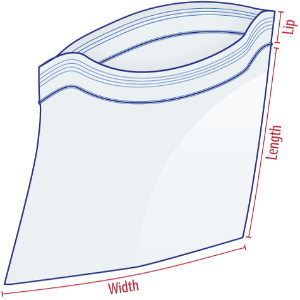 Illustration of a transparent ziplock bag with labeled dimensions: width, length, and lip.