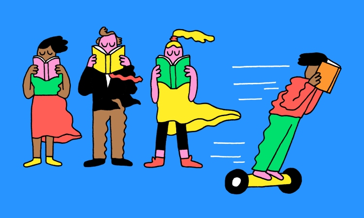 Four diverse people reading books; one rides a scooter while reading, against a blue background.