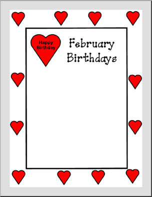 February Birthdays card with red hearts and "Happy Birthday" inside a heart-shaped label.