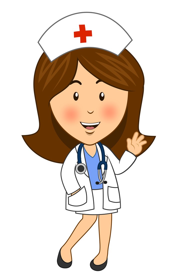 Friendly cartoon nurse waving, wearing white coat, stethoscope, and red-cross cap.
