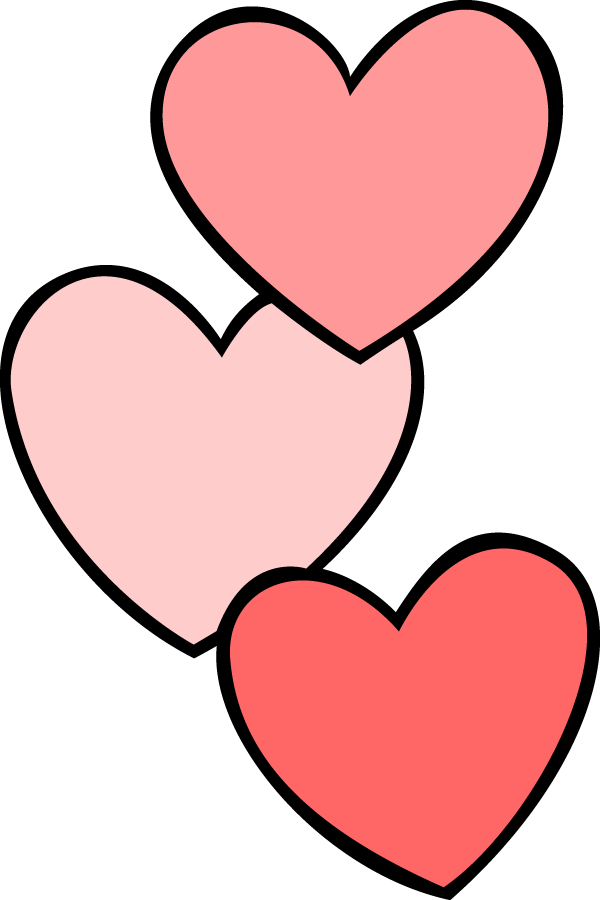 Three overlapping heart shapes in soft pink, light pink, and coral red with black outlines on a white background.