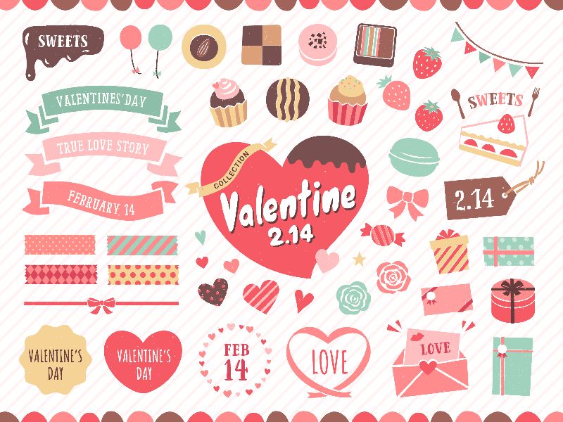 Valentine’s Day clipart collection with hearts, sweets, gifts, ribbons, and festive text elements in pastel tones.