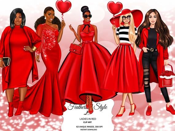 Five stylish women in elegant red outfits with heart balloons, celebrating Valentine’s or fashion themes.