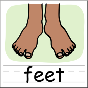 Illustration of two bare feet with brown skin tone, labeled "feet" below on lined paper background.