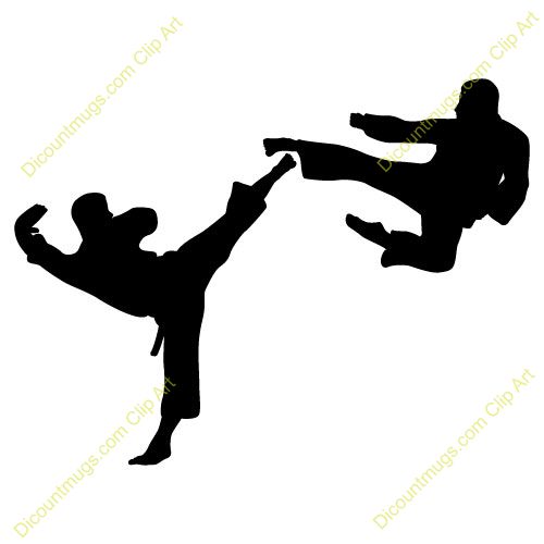 Two martial artists in dynamic combat silhouettes-one executing a high kick, the other leaping to counter-on white background.