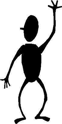Black silhouette stick figure with one arm raised in a waving or celebratory gesture, simple and expressive.