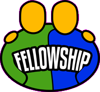 Two stylized figures in green and blue embracing, with bold white text "FELLOWSHIP" on a pink background.