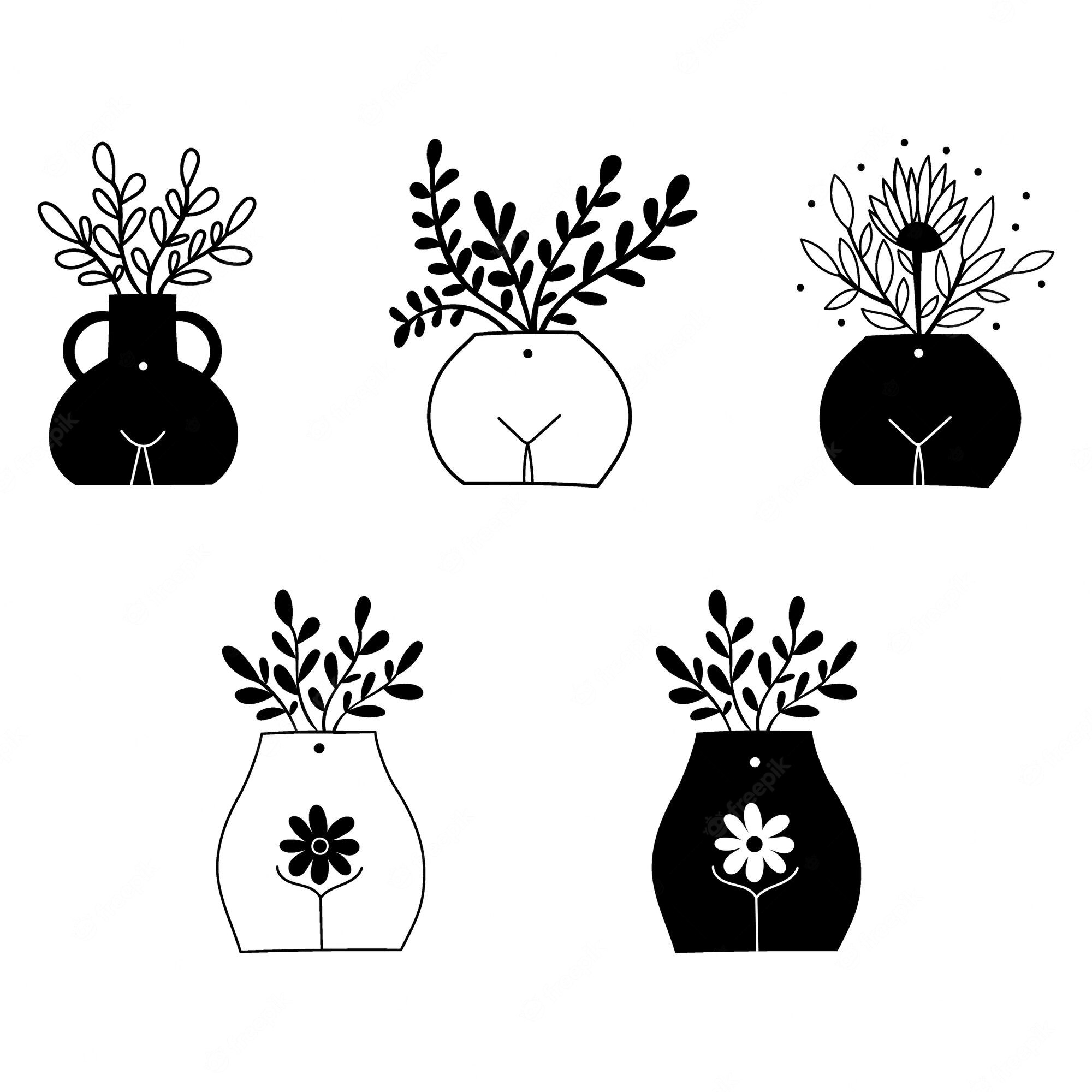 Five minimalist black-and-white illustrations of plant-filled vases shaped like stylized human torsos with floral motifs.