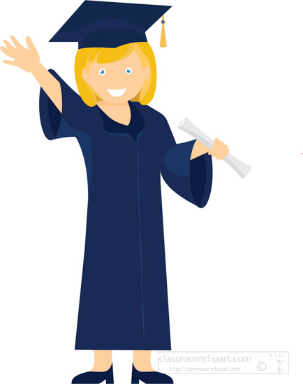 Smiling graduate in blue cap and gown waving while holding a diploma scroll.