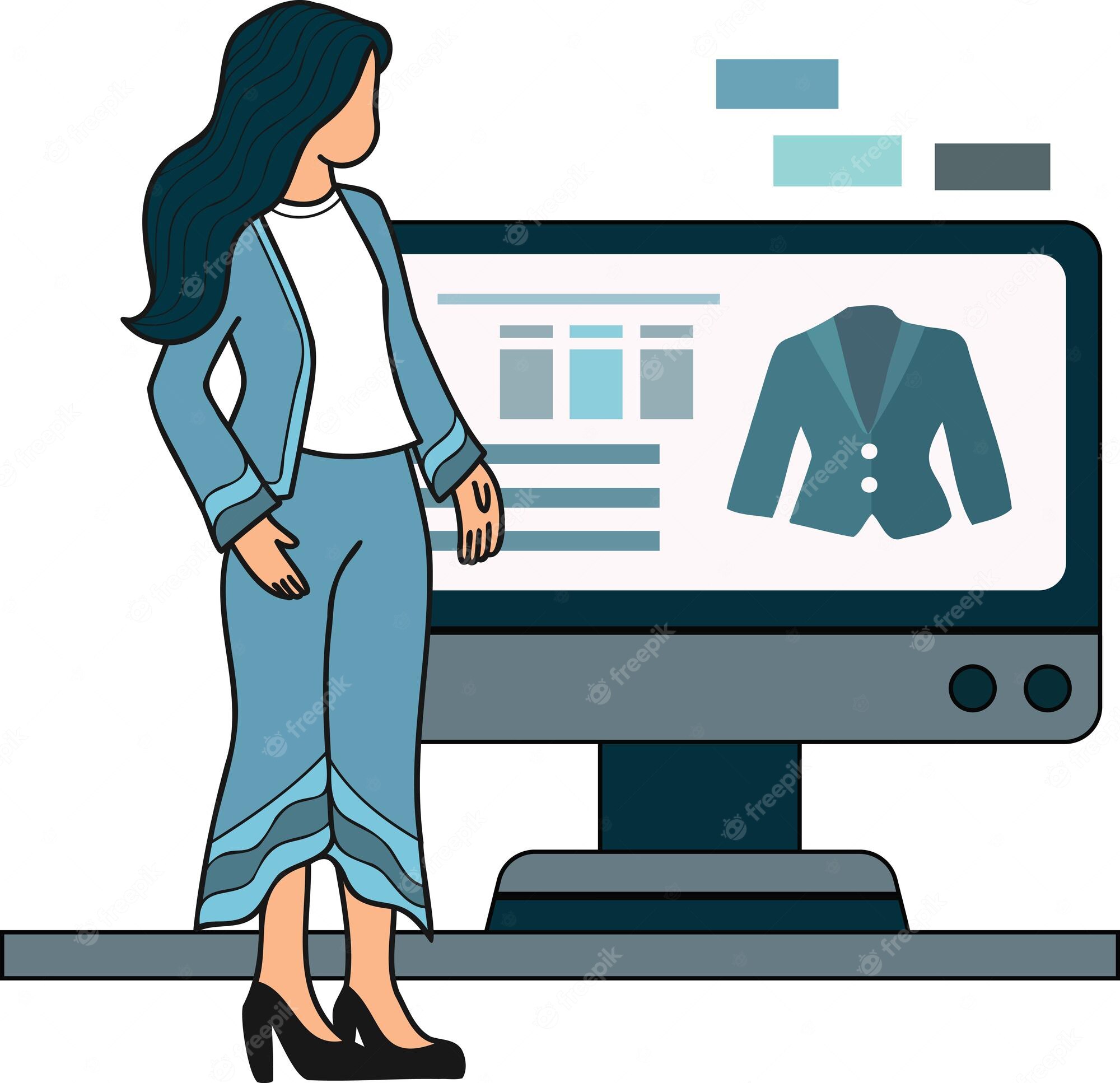 Woman in professional blue suit standing beside computer screen displaying a matching blazer product page.