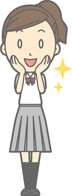 Excited anime-style schoolgirl in uniform with hands on cheeks and sparkles.