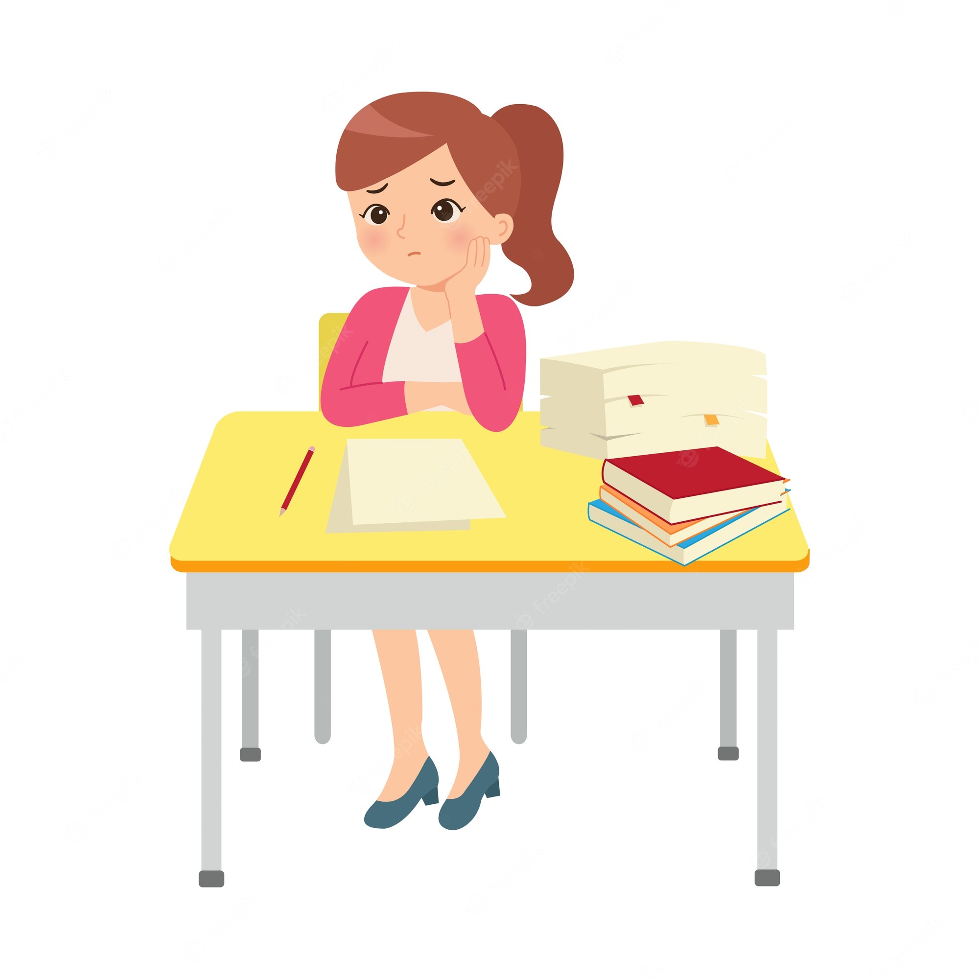 A tired student sits at a desk with books and papers, resting her chin on her hand, looking stressed and overwhelmed.