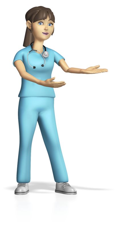 3D animated female nurse in light blue scrubs with stethoscope, gesturing welcomingly.
