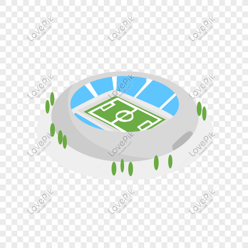 Isometric illustration of a modern football stadium with green pitch and blue seating.