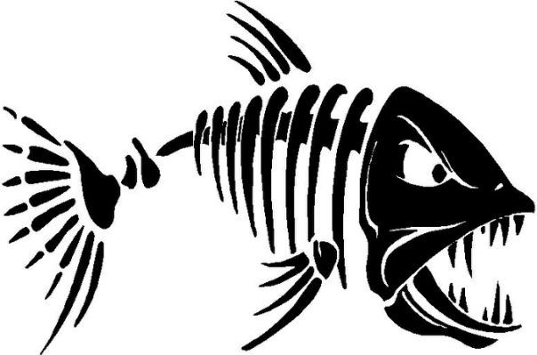 Stylized black-and-white fish skeleton with sharp teeth and aggressive expression, designed as a tribal or tattoo-style graphic.