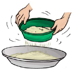 Hands sifting flour from a green bowl into a larger gray bowl, illustrating a baking preparation step.