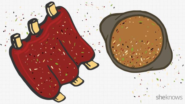 Illustrated rack of seasoned ribs next to a bowl of savory sauce, sprinkled with herbs and spices.