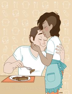 A tender moment as a woman in an apron kisses a man eating at the table, surrounded by kitchen-themed patterns.