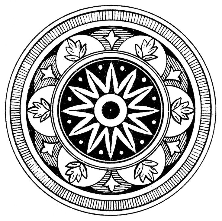 Intricate black-and-white circular mandala with starburst center, floral motifs, and geometric borders.